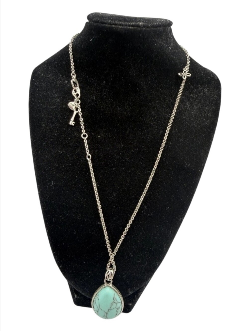 Fossil Silver Tone Teardrop Turquoise Pendant Necklace Bee Key Charm 18L.+2" NEW - Picture 2 of 8
